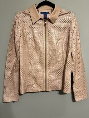 BLU ICE Genuine Italian Leather Perforated Star Zip Jacket- Beige Pink | Women M